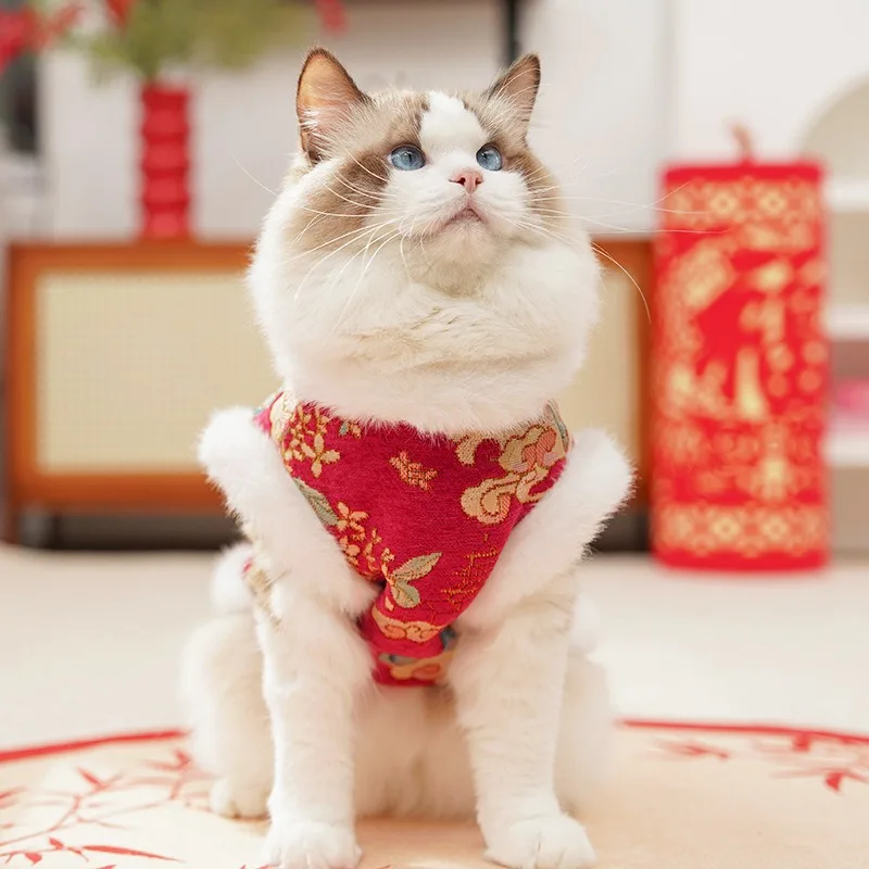Colete de Veludo para Cães e Gatos Estilo Tang Vermelho - Image 4
