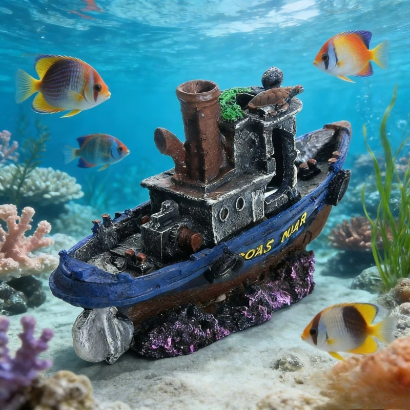 Ornamento de Aquário em Resina Navio Pirata para Peixes com Caverna Esconderijo - Imagem 3