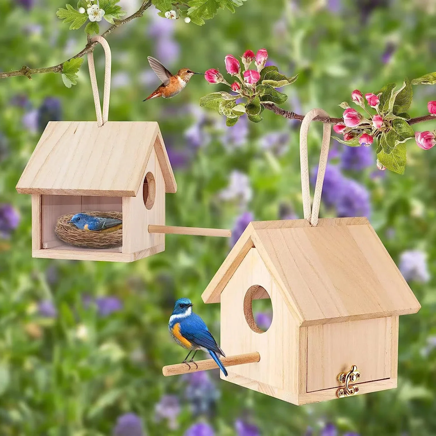 Casinha para Pássaros de Madeira Natural com Poste para Pendurar - Imagem 2