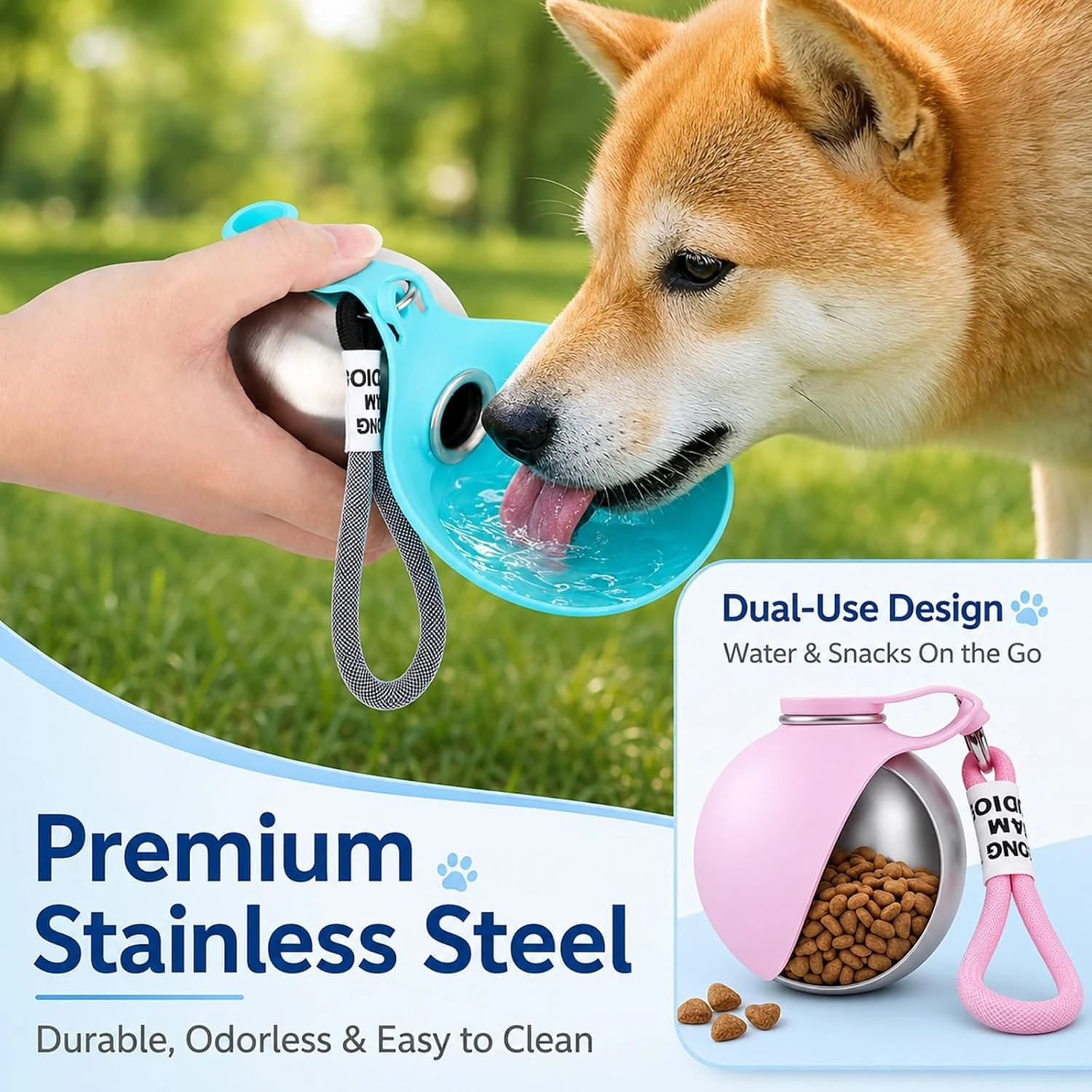 Garrafa de Água para Cães e Gatos de Inox 10oz com Tigela Dobrável - Image 2