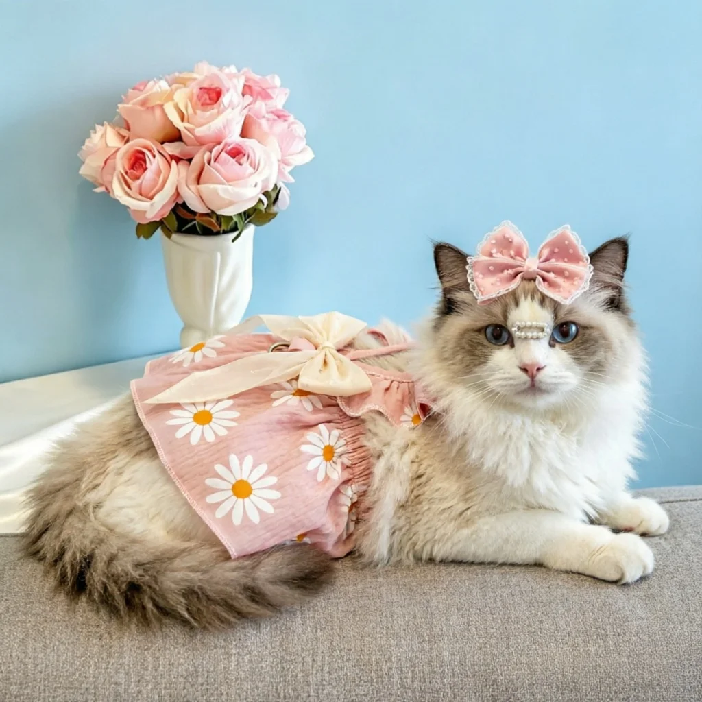 Vestido Coleira para Cães e Gatos Pequenos com Estampa de Margaridas - Image 4