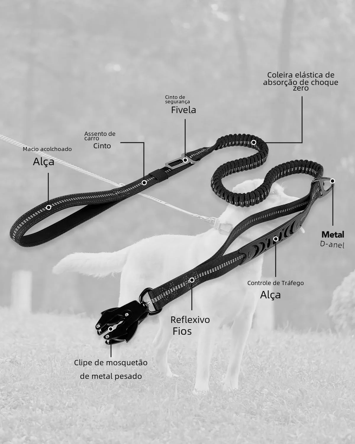Trela para Cães Médios e Grandes com Bungee Elástico e Clipe de Segurança - Imagem 2