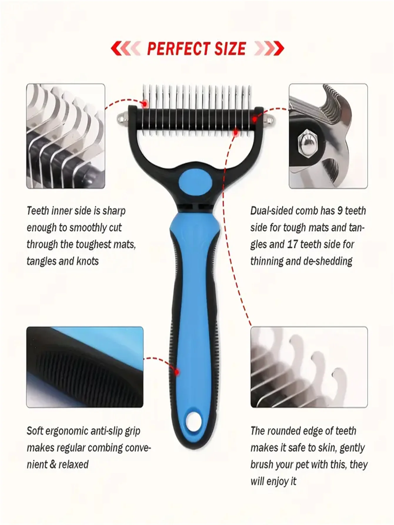 Ancinho Ergonômico para Cães Dupla Face com Dentes de Aço Inoxidável - Imagem 3