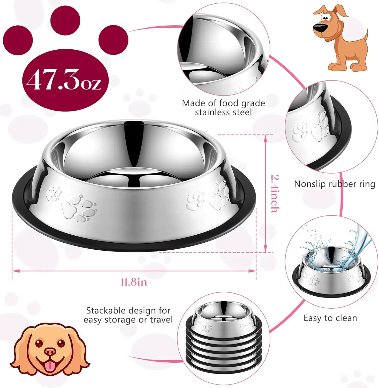 Tigela para Cães e Gatos de Aço Inoxidável com Base Antiderrapante - Imagem 3
