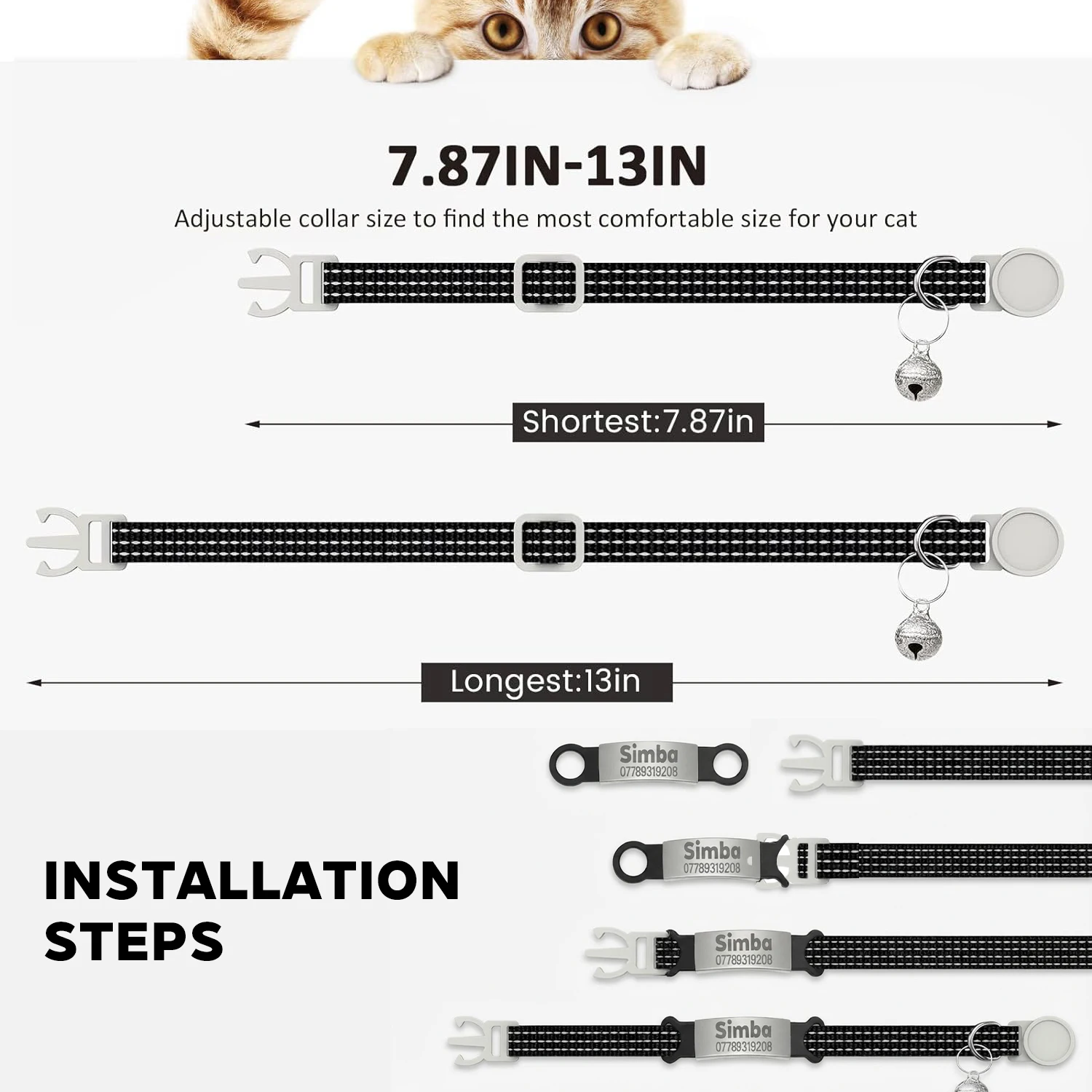 Coleira para Gatos de Nylon Ajustável de 19-32 cm com Gravação Gratuita - Imagem 2
