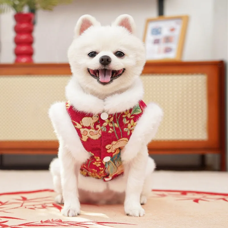 Colete de Veludo para Cães e Gatos Estilo Tang Vermelho - Image 5