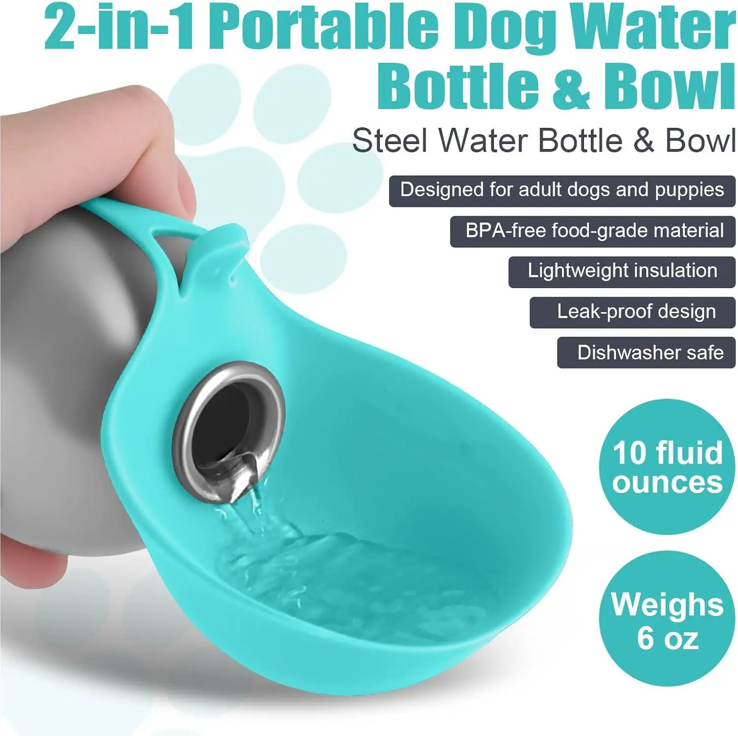 Garrafa de Água para Cães e Gatos de Aço Inoxidável 285ml com Tigela - Imagem 2