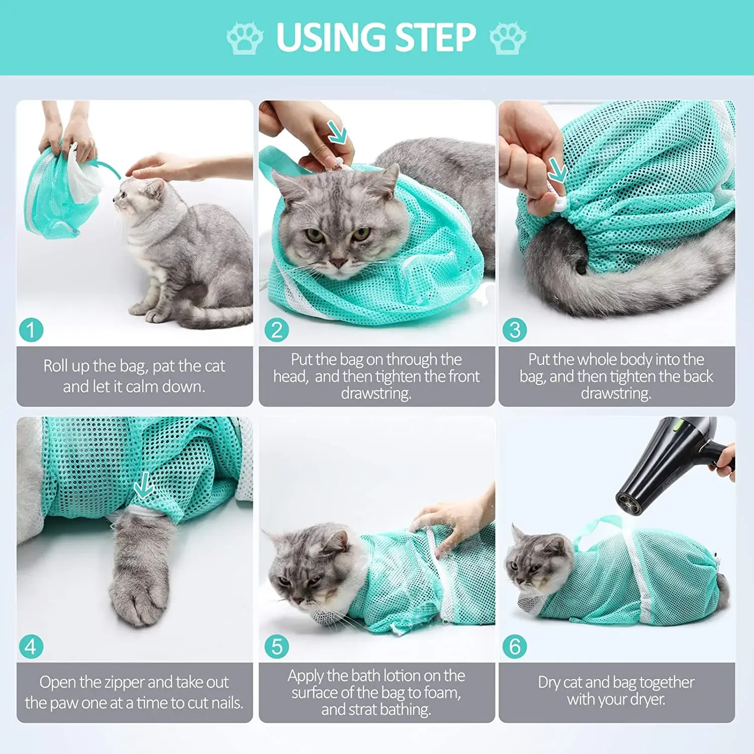 Saco de Banho para Gatos em Poliéster Ajustável até 7 kg - Imagem 6