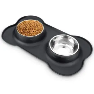 tigela dupla para cães e gatos com tapete