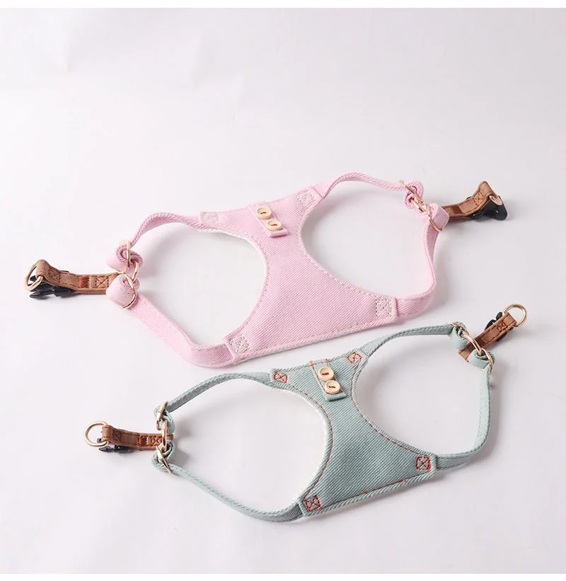 Conjunto Peitoral e Coleira para Cães Pequenos Jeans Algodão Ajustável - Image 3