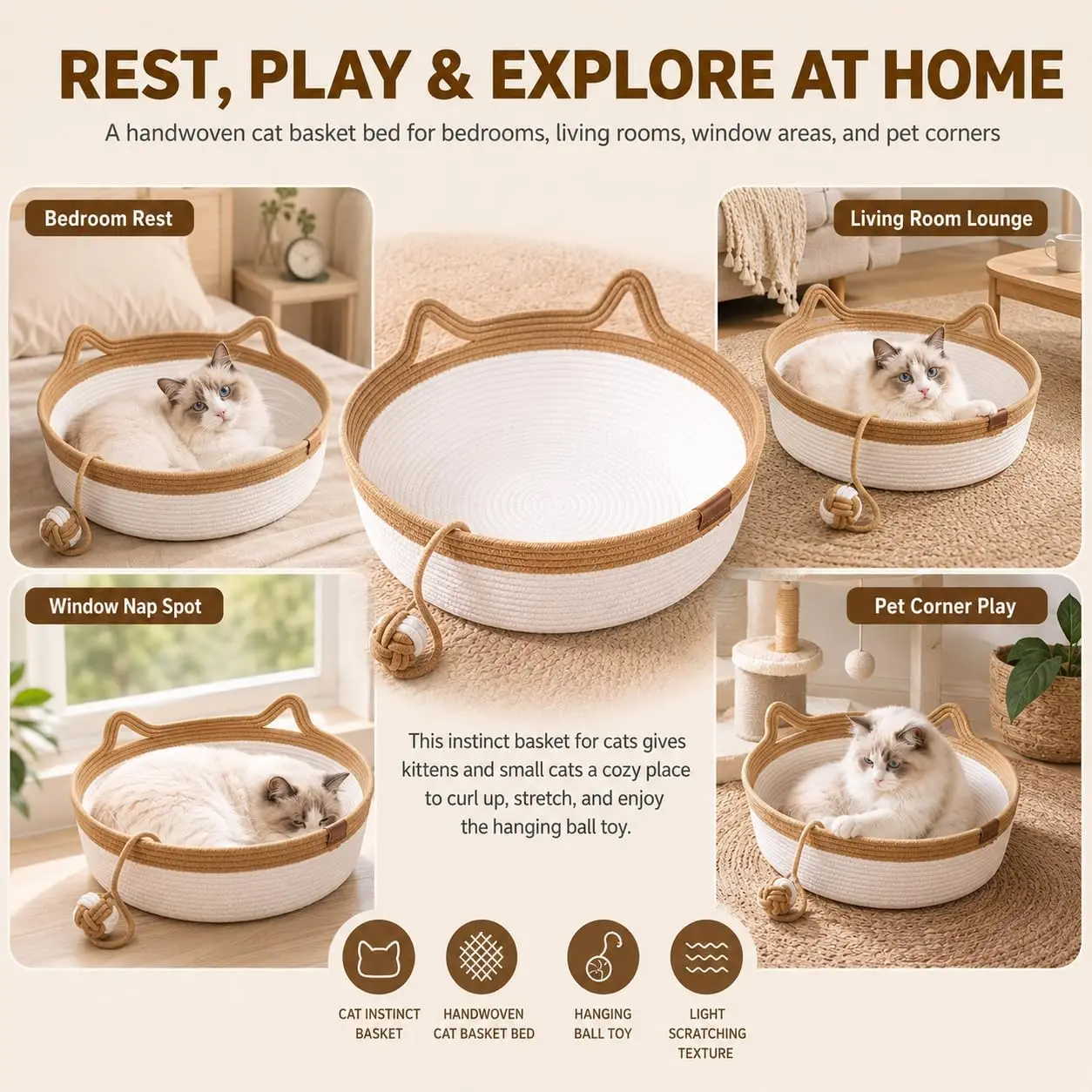 Cama Cesto para Gatos de Corda de Algodão Tecida com Cauda de Brinquedo - Imagem 6