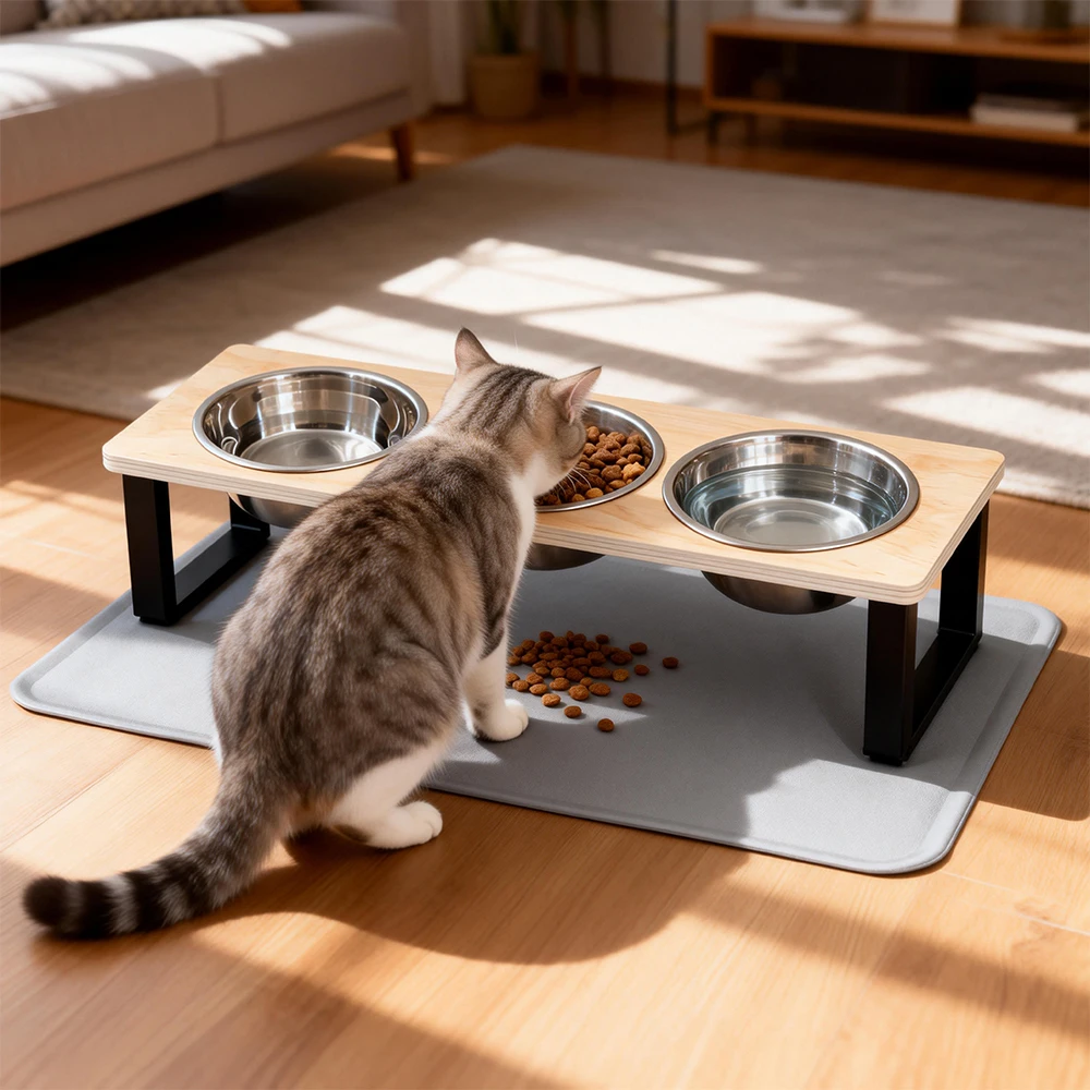 suporte para 3 tigelas de gato com tapete