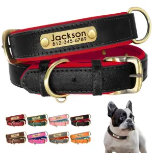 coleira de couro pu para cães com nome personalizado