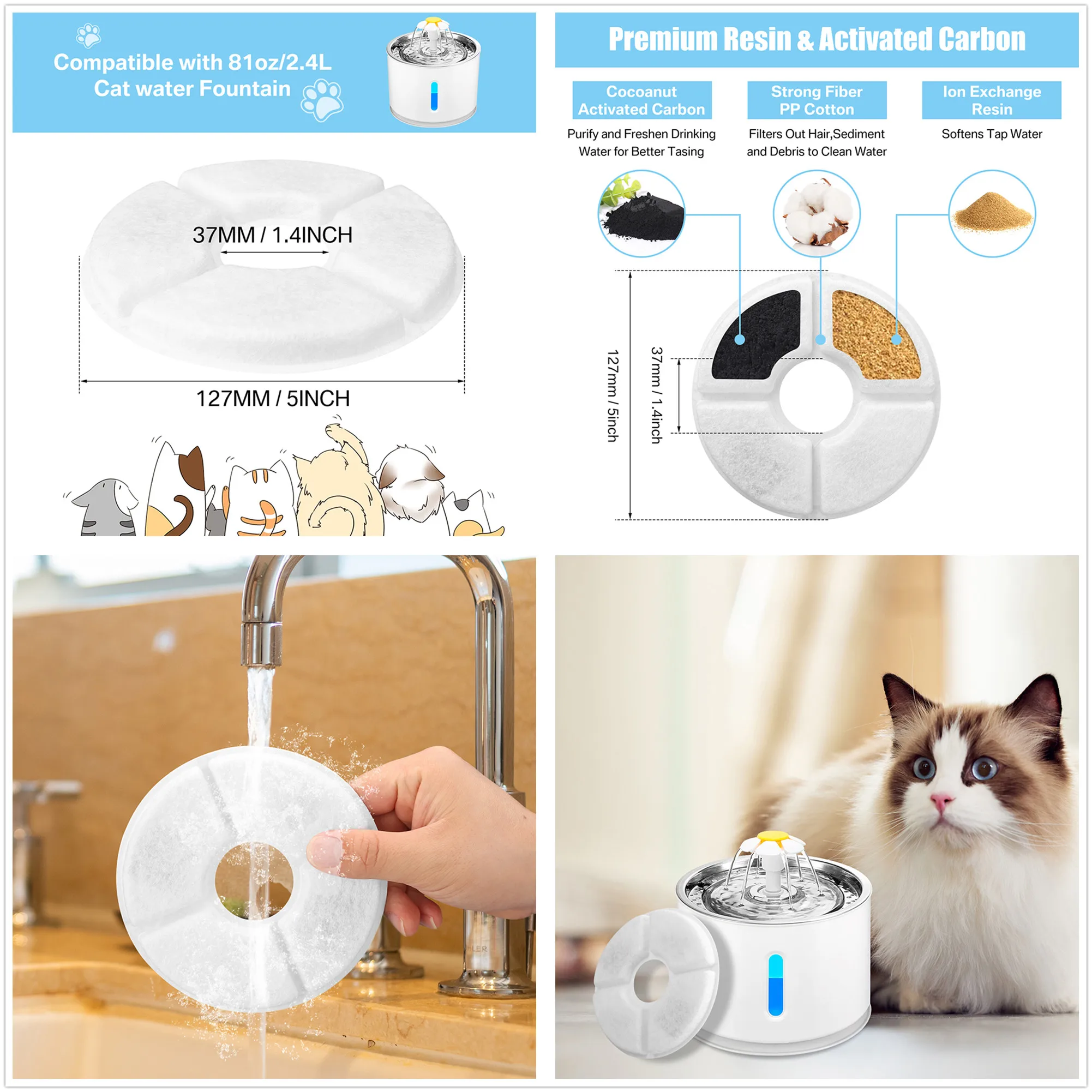 Filtro de Carvão Ativado para Fontes de Água para Cães e Gatos, 8 ou 12 Unidades - Imagem 2